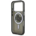Puzdro Karl Lagerfeld Magsafe IML s trblietkami, kovový rám a tlačidlá fotoaparátu, kreslené logo Karla a Choupette pre iPhone 17 Pro čierne
