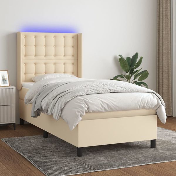 vidaXL Posteľ boxsping s matracom a LED krémová 100x200 cm látka