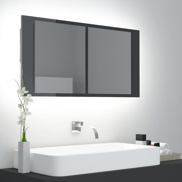 vidaXL LED kúpeľňová zrkadlová skrinka lesklá sivá 90x12x45 cm akryl