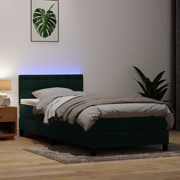 vidaXL Posteľný rám boxsping s matracom a LED tmavozelený 100x220 cm zamat