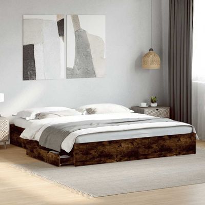 vidaXL Posteľný rám so zásuvkami dymový dub 200x200cm kompozitné drevo