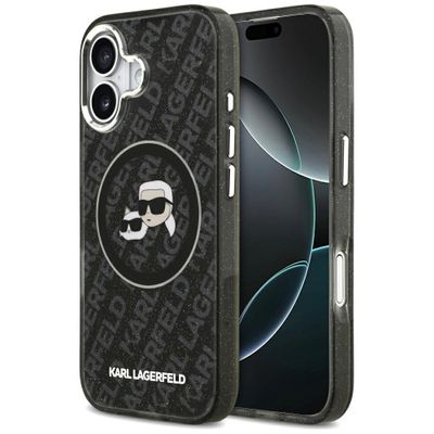 Puzdro Karl Lagerfeld Magsafe IML glitter s kovovým rámčekom fotoaparátu a tlačidlami, hlavičky Karla a Choupette na opakovanom logu KL pre iPhone 17 čierne