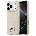 Puzdro Karl Lagerfeld Magsafe PU s kolíkmi Karl&Choupette heads a kovovými tlačidlami fotoaparátu pre iPhone 17 Pro Max béžové