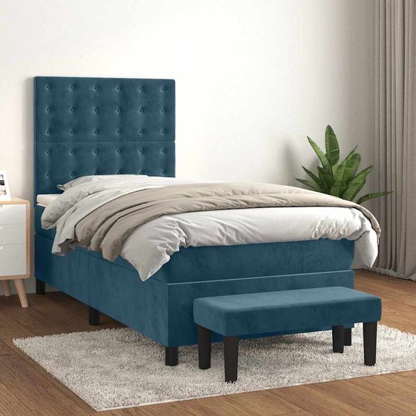 vidaXL Posteľný rám boxsping s matracom tmavomodrý 100x200 cm zamat
