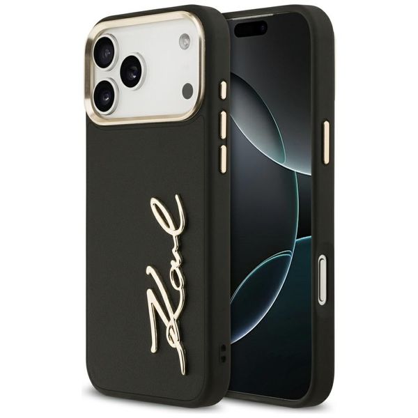 Karl Lagerfeld puzdro PU koža s logom Karl a kovovými tlačidlami fotoaparátu pre iPhone 17 Pro Max čierna