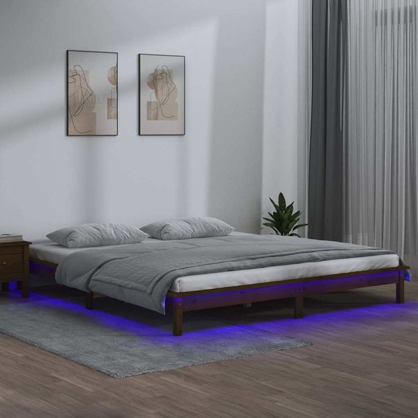 vidaXL Posteľný rám s LED, medový 180x200cm, Super King, drevený masív