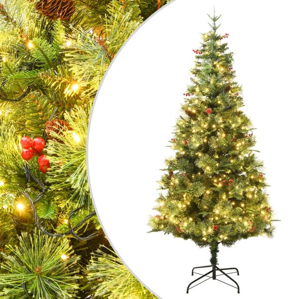 vidaXL Osvetlený vianočný stromček so šiškami, zelený 195 cm, PVC a PE