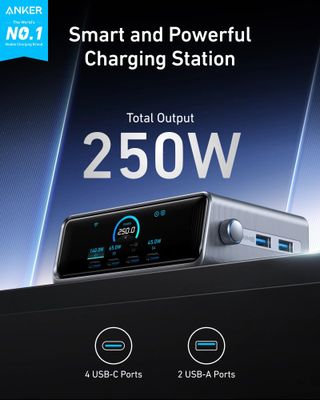 Anker Prime Nabíjecí Základna/ 250W/ 4x USB-C/ 2x USB/ GaN Prime/ stříbrná stolní nabíjecka, 250 W, 4× USB-C, 2× USB-A, GaNPrime, PowerIQ 4.0, LCD displej, ActiveShield 3.0, cerná