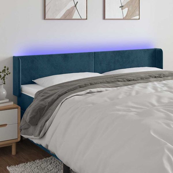 vidaXL Čelo postele s LED tmavomodré 203x16x78/88 cm zamat