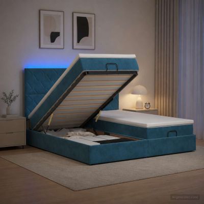 vidaXL Ottoman posteľ s matracom a LED Tmavo modrá 200 x 200 cm Zamat