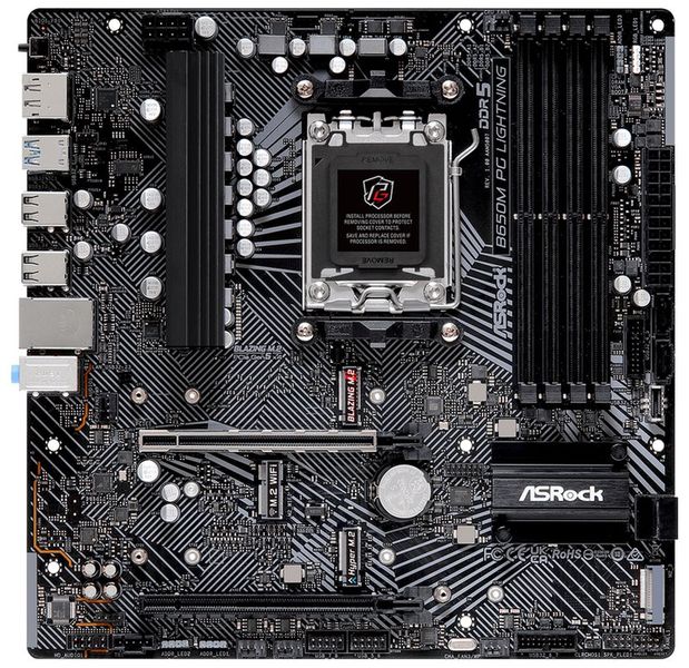 ASRock B650M PG LIGHTNING / AMD B650 / AM5 / 4x DDR5 DIMM / 3x M.2 / HDMI / DP / USB-C / mATX Základní deska, AMD B650, AM5, 4× DDR5 DIMM (max. 192GB), 3× M.2, HDMI, DisplayPort, USB-C, mATX