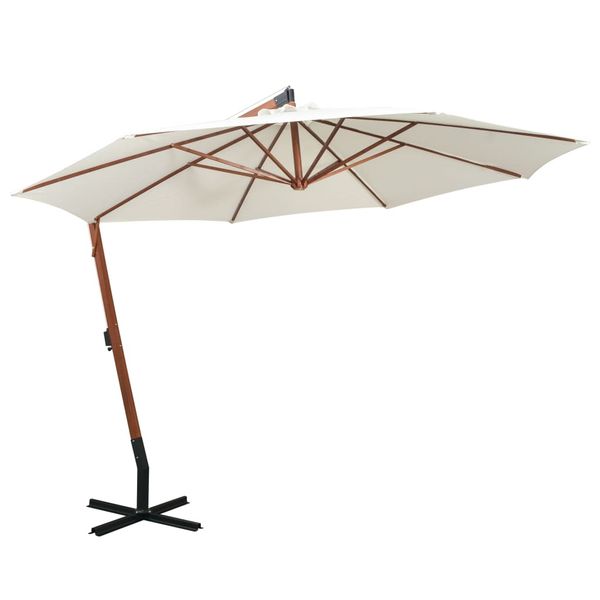 vidaXL Visiaci slnečník 350 cm, drevená tyč, biely