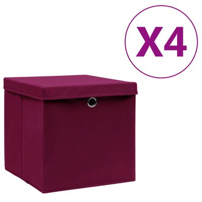 vidaXL Úložné boxy s vekom 4 ks, 28x28x28 cm, tmavočervené