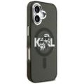 Puzdro Karl Lagerfeld Magsafe IML glitter case kovový rám fotoaparátu a tlačidlá s logom Karl a Choupette sketch pre iPhone 17 čierne
