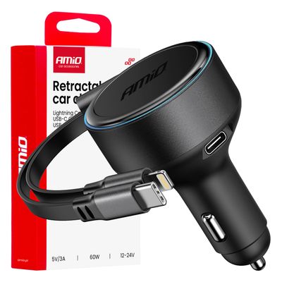 Nabíjačka do auta výsuvná C kábel + lightning kábel + USB C port 12/24V 60W AMiO-04370