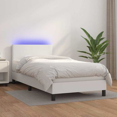 vidaXL Boxspring posteľ s matracom a LED biela 90x190 cm umelá koža