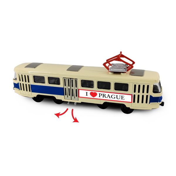 Kovová česká retro električka modrá 16 cm PRAGUE - otváracie dvere