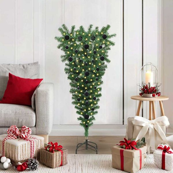 vidaXL Upside-down umelý vianočný stromček s guľami Zelená 120 cm PVC