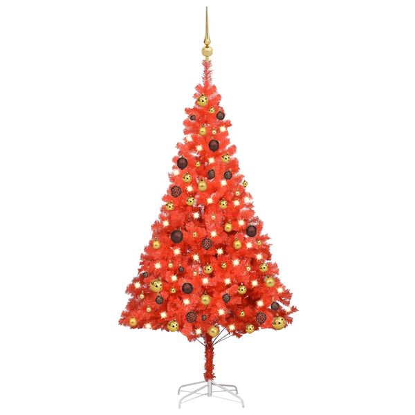 vidaXL Osvetlený umelý vianočný stromček s guľami, červený 150 cm, PVC