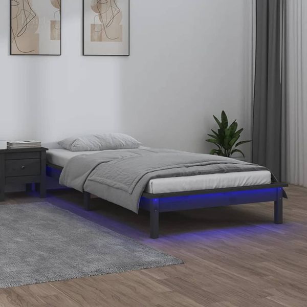 vidaXL Posteľný rám s LED, sivý 90x200 cm, drevený masív
