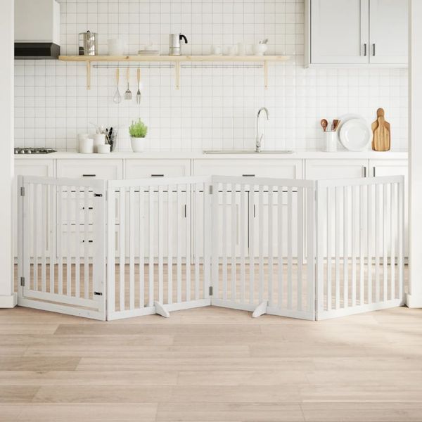 vidaXL Brána pre psa s dverami sklad. 4pan. biela 320cm topoľové drevo