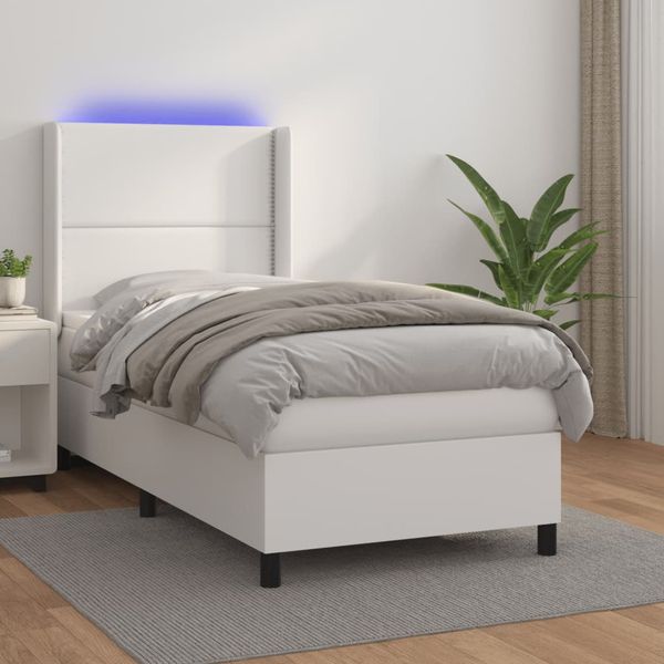 vidaXL Boxspring posteľ s matracom a LED biela 90x190 cm umelá koža