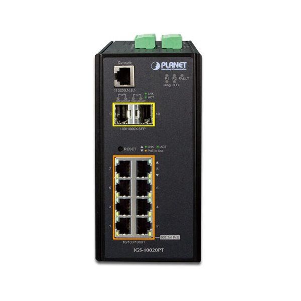 Planet IGS-10020PT průmyslový L3 switch, 8x1Gb, 2x2.5Gb SFP, 8x PoE 802.3at 240W, 48-54VDC, -40~75°C, IP30 Prumyslový Switch, 8x 10/100/1000 PoE (130W) + 2x 100/1000 SFP, Management, -40 +75°C