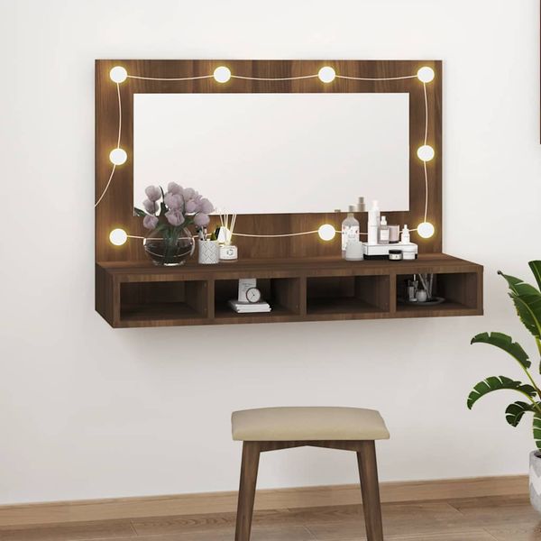 vidaXL Zrkadlová skrinka s LED hnedý dub 90x31,5x62 cm