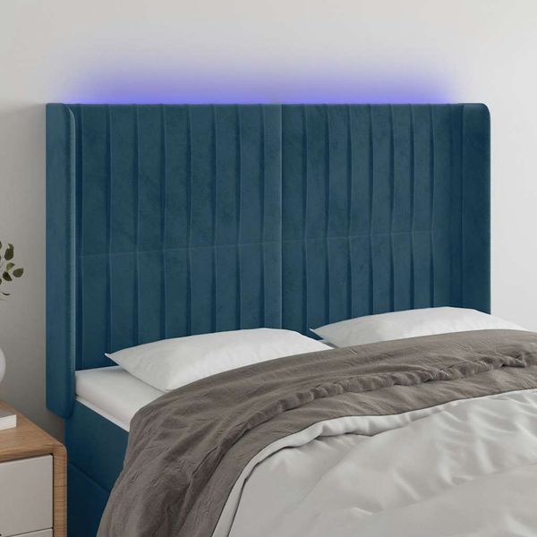 vidaXL Čelo postele s LED tmavomodré 147x16x118/128 cm zamat