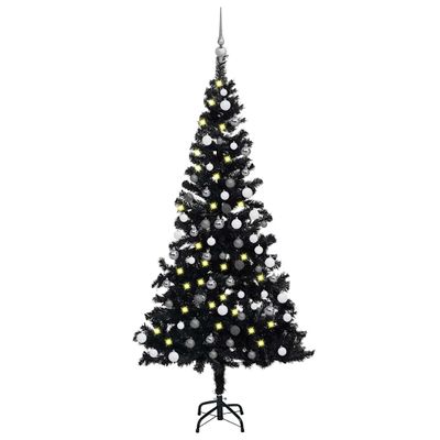vidaXL Osvetlený umelý vianočný stromček s guľami, čierny 120 cm, PVC