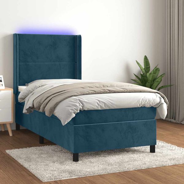 vidaXL Posteľný rám boxsping matrac a LED tmavomodrý 100x200 cm zamat