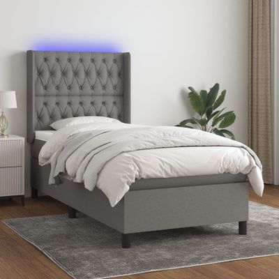 vidaXL Posteľ boxsping s matracom a LED tmavosivá 90x200 cm látka