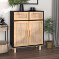 vidaXL Komoda čierna 60x30x75 cm masívna borovica a prírodný ratan