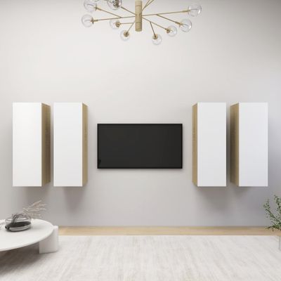 vidaXL TV skrinky 4 ks biela a dub sonoma 30,5x30x90cm drevotrieska