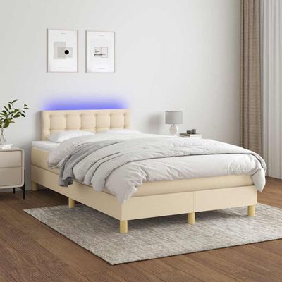vidaXL Posteľ boxsping s matracom a LED krémová 120x200 cm látka
