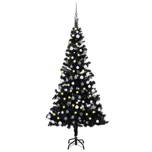 vidaXL Osvetlený umelý vianočný stromček s guľami, čierny 150 cm, PVC