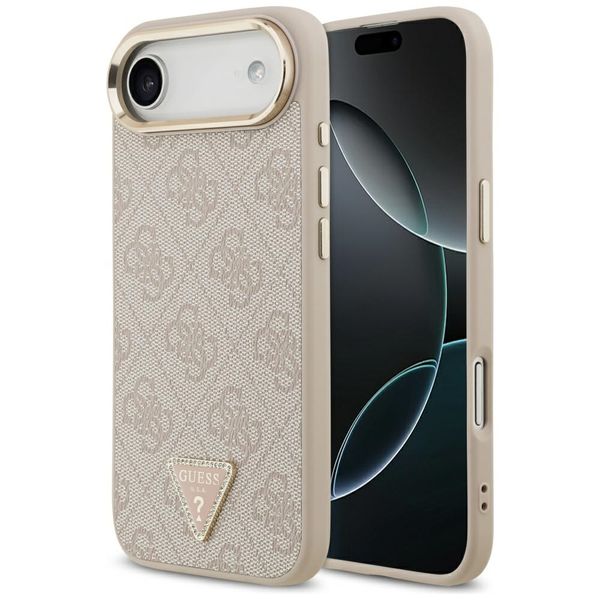 Guess Case Magsafe 4G PU kožené puzdro s trojuholníkovým logom a zlatým kovovým rámom fotoaparátu pre iPhone 17 Air ružové