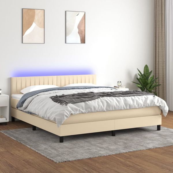 vidaXL Posteľ boxsping s matracom a LED krémová 160x200 cm látka