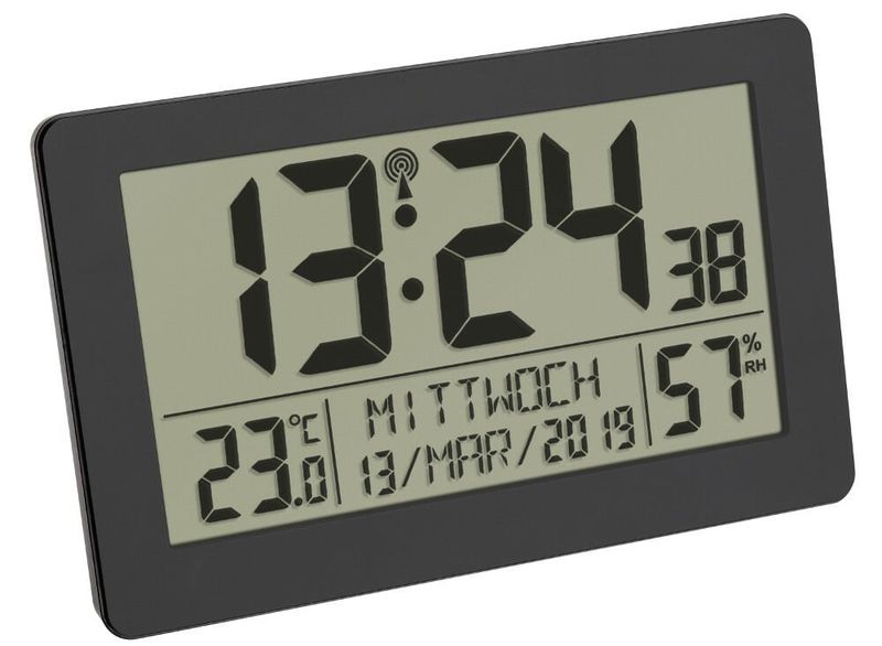 60.2557.01 TFA Digitálny rádiom riadené hodiny, 2 budenia, teplota/vlhkosť, podsvietenie, čierny