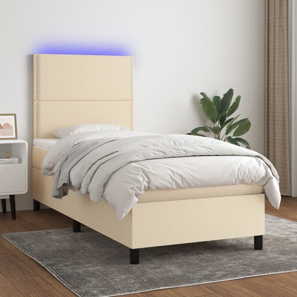 vidaXL Posteľ boxsping s matracom a LED krémová 90x200 cm látka
