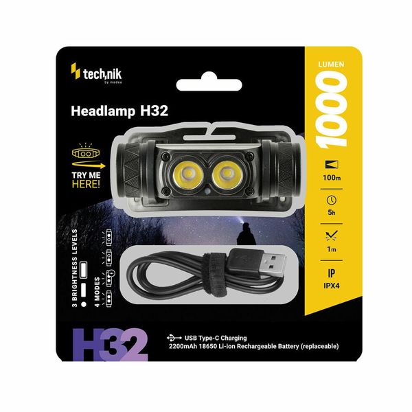 Technik MT-H32 nabíjateľná čelovka LED OSRAM P9, USB-C, 1000 lúmenov, stroboskop
