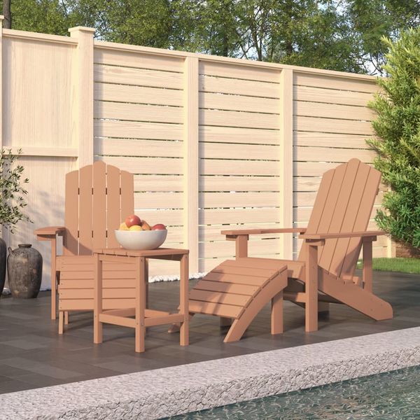 vidaXL Záhradné stoličky Adirondack s podnožkou a stolíkom HDPE hnedé