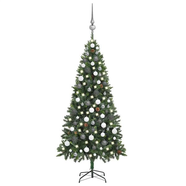 vidaXL Osvetlený umelý vianočný stromček s guľami a šiškami 180 cm