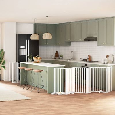 vidaXL Brána pre psa s dverami sklad. 15pan.biela 750cm topoľové drevo