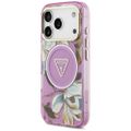 Puzdro Guess Magsafe IML Case Glitter Flowers And Triangle s kovovým rámom fotoaparátu a tlačidlami pre iPhone 17 Pro Max fialové