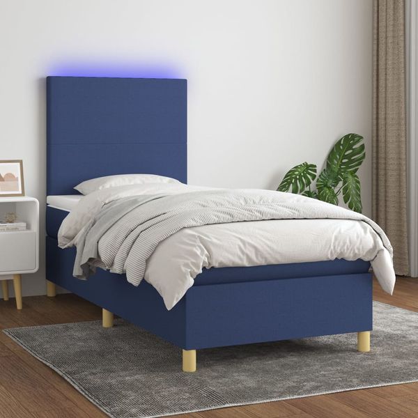 vidaXL Posteľ boxsping s matracom a LED modrá 90x190 cm látka