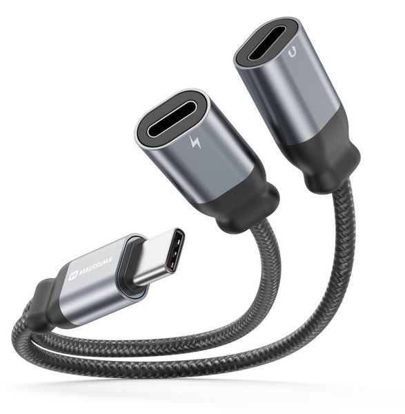 SWISSTEN NABÍJACÍ AUDIO ADAPTÉR TEXTILNÝ USB-C (samec) / 2x USB-C (samica) 0,12 M ČIERNY