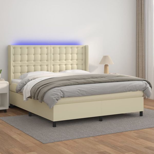 vidaXL Boxspring posteľ s matracom a LED krémová 180x200 cm umelá koža