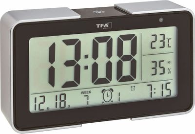 60.2540.01 TFA MELODY Digitálny rádiom riadený budík s rôznymi tónmi budenia, čierno-strieborný