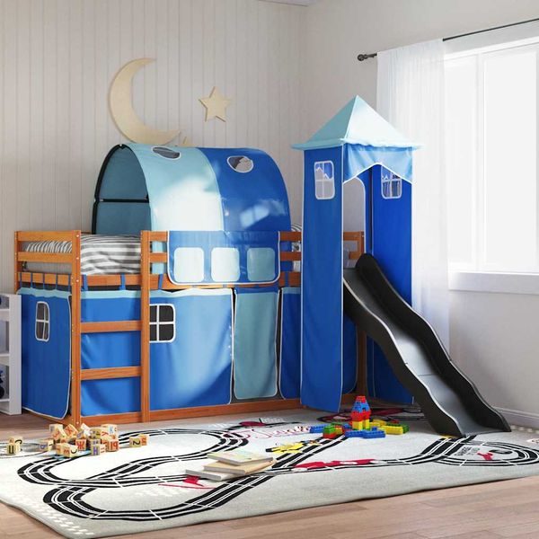 vidaXL Poschodová posteľ šmykľavka a závesy modrá 80x200 cm